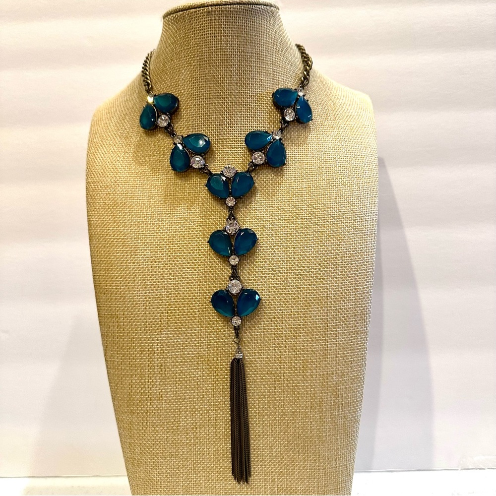 New Anthropologie Statement Necklace antique gold, faceted teal & clear crystals